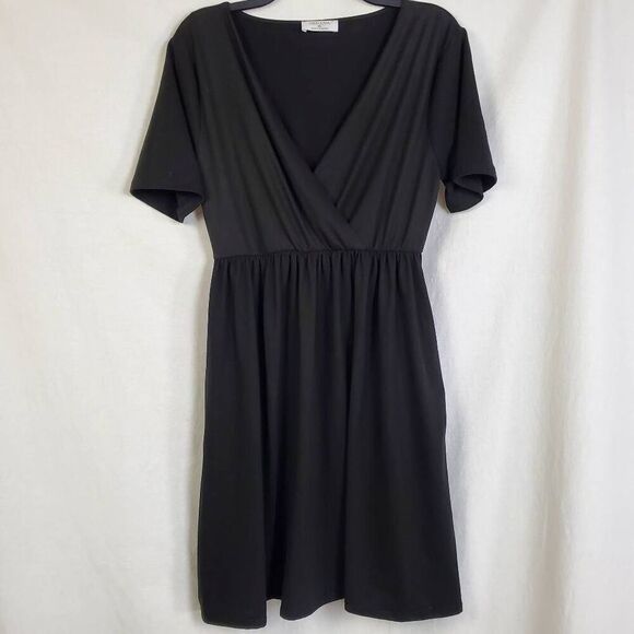 Zenana Black Faux Wrap Midi Dress Size XL Short Sleeve Stretch Knit Pullover - Picture 1 of 5